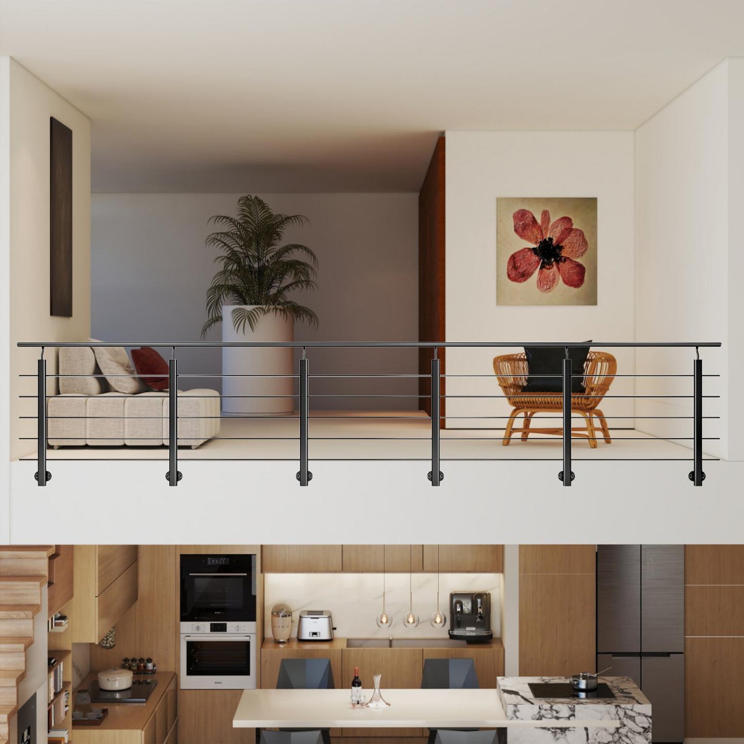 Barandillas de aluminio Negro mate - interior y exterior - fijaciones lateral 100/150/200/300/350/400/500x100cm