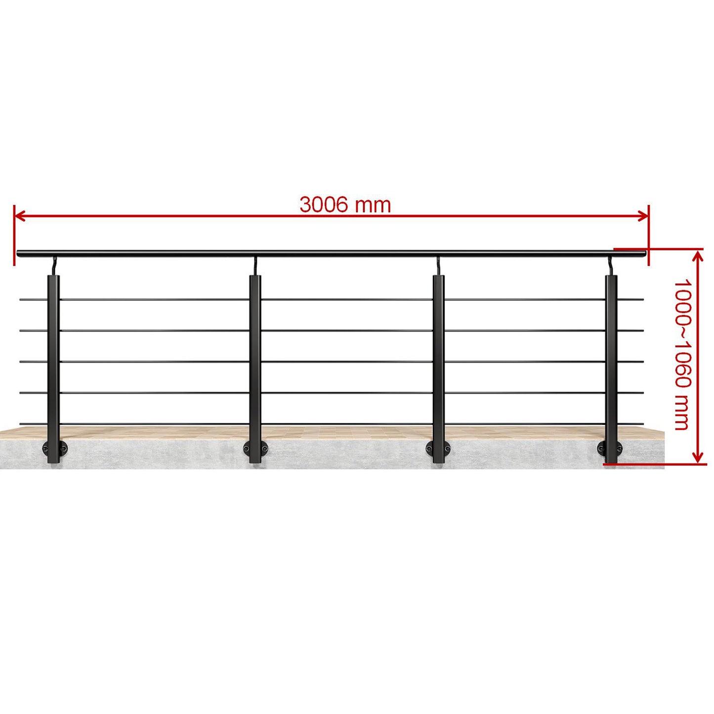 Barandillas de aluminio Negro mate - interior y exterior - fijaciones lateral 100/150/200/300/350/400/500x100cm