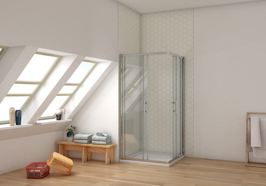 Mampara de Ducha Angular Cuadrada Corredera Cuatro hojas (dos movibles y dos fijas), 5mm Cristal templado, Marco de aluminio Cromado, Altura 185cm