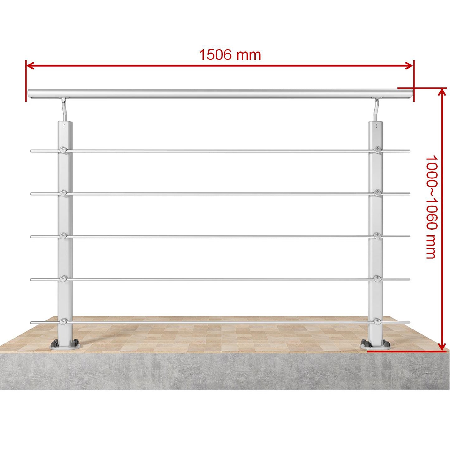 Barandillas de aluminio Plateado mate - interior y exterior - fijaciones al suelo 100/150/200/300/350/400/500x100cm