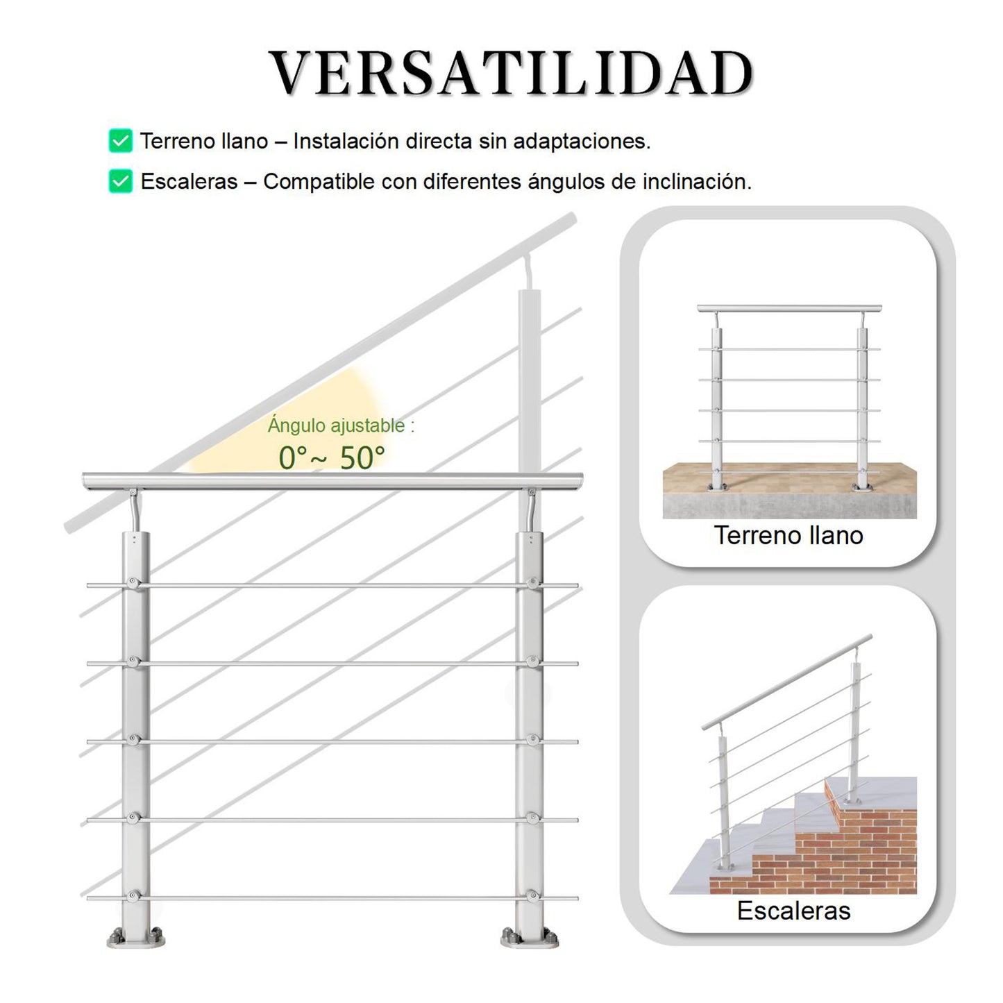 Barandillas de aluminio Plateado mate - interior y exterior - fijaciones al suelo 100/150/200/300/350/400/500x100cm