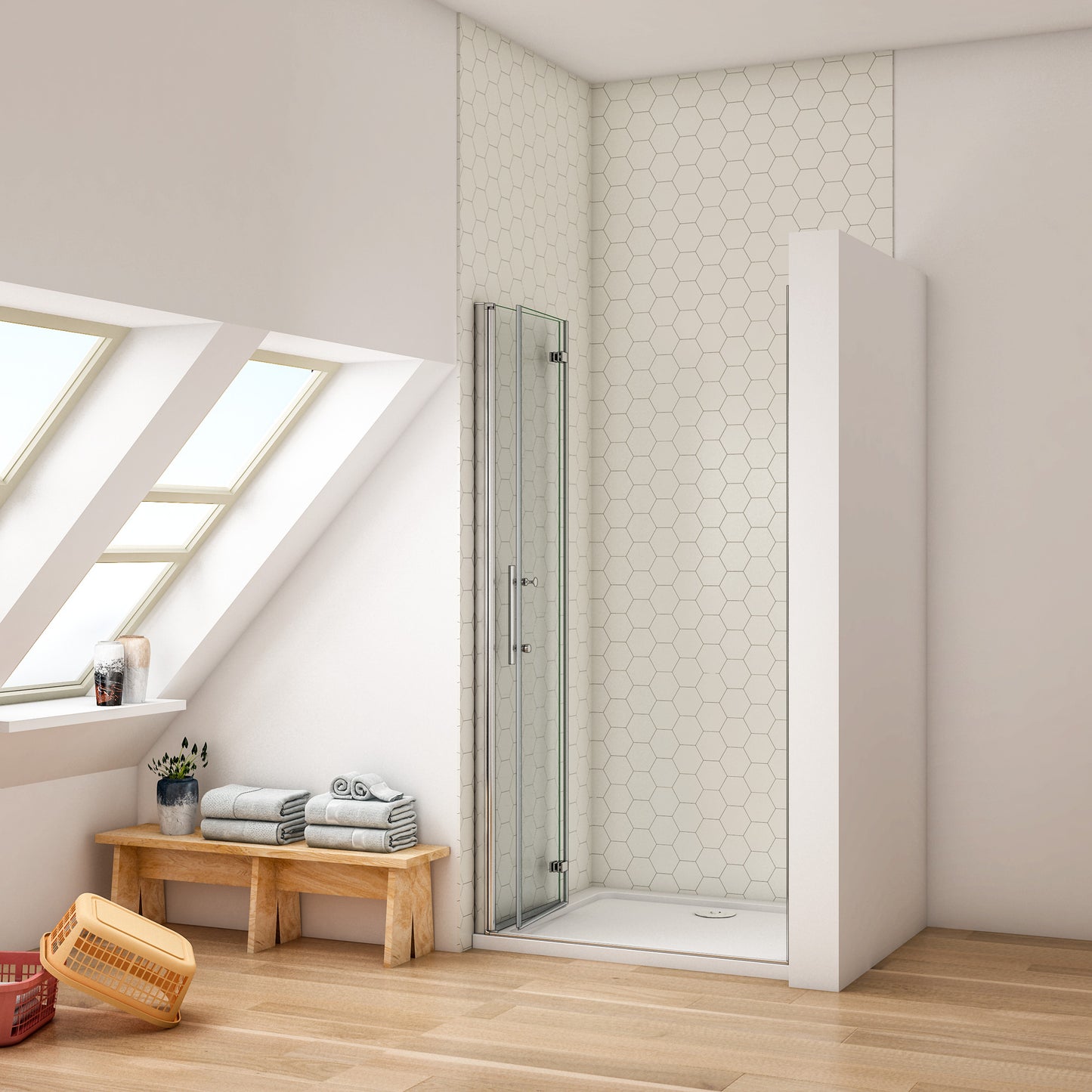 Mampara de ducha frontal plegable con bisagra dos hojas, marco de aluminio cromado, 6mm cristal templado antical, 80x195cm