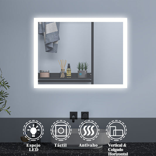 Espejo Regulable de Hogar/de Baño con Función Antiniebla + Interruptor Táctil+ Brillo LED Envolvente Blanco Frío