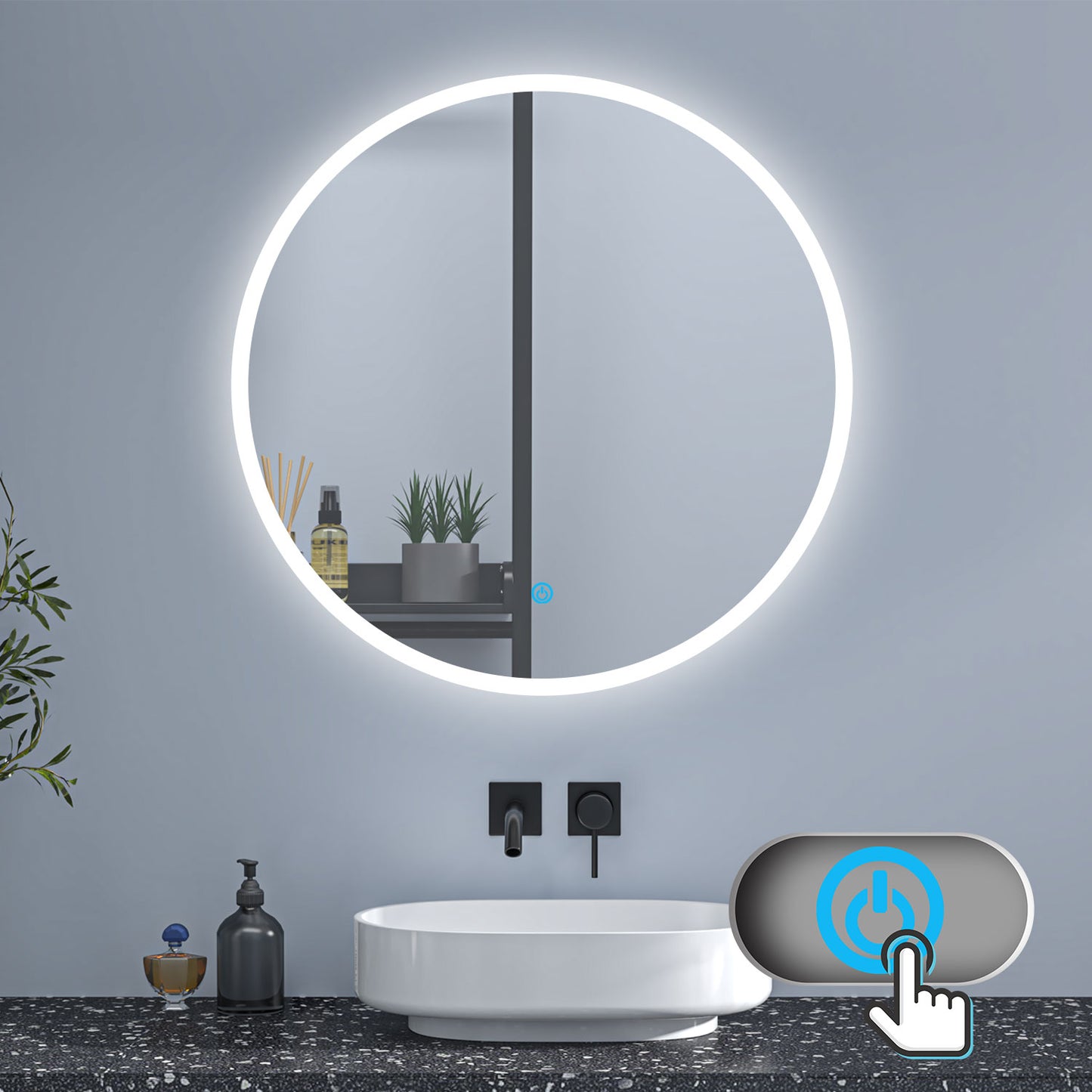 60x60cm. Espejo Redondo de Baño Espejo de Ducha con Interruptor Táctil + LED Iluminación Blanca Fría, sin Antivaho