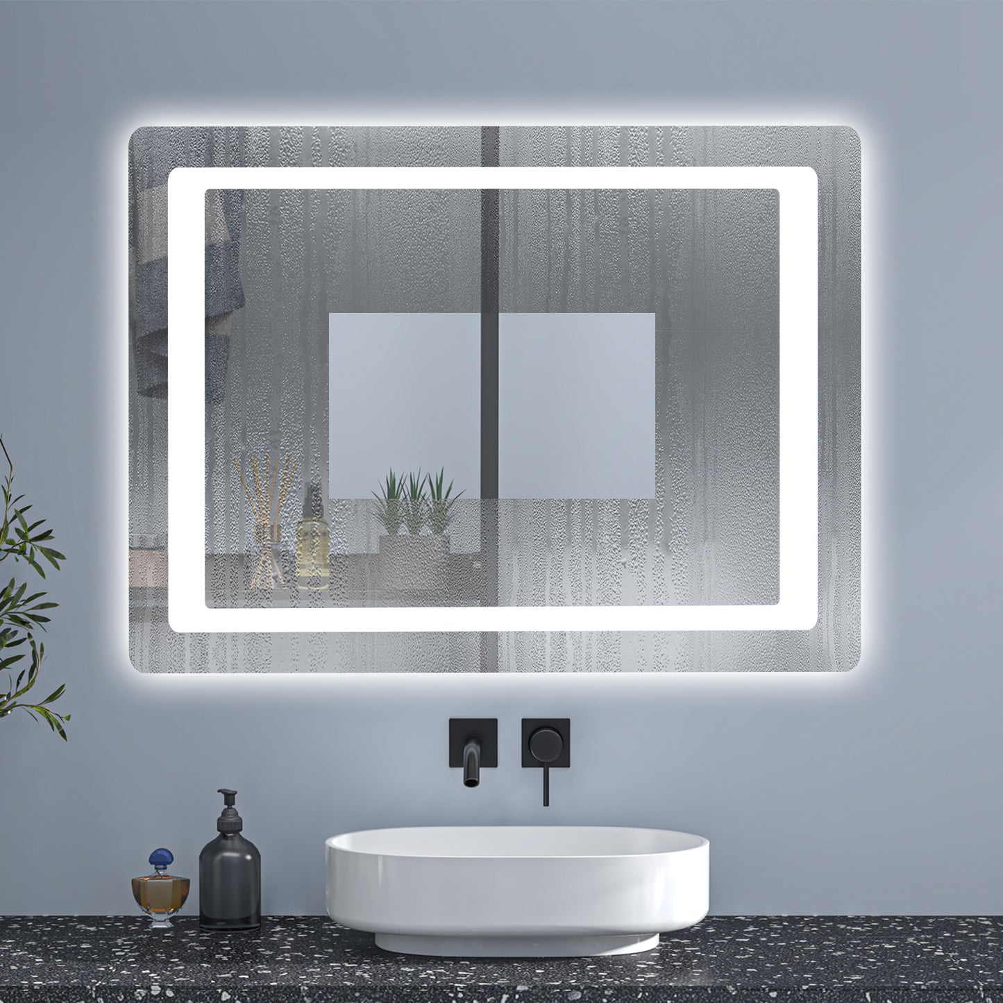 Duchacasa Espejo de Pared en Baño con Iluminación Blanca Fría, Brillo LED Envolvente. Espejo de Baño Antivaho + Dos botones Táctiles