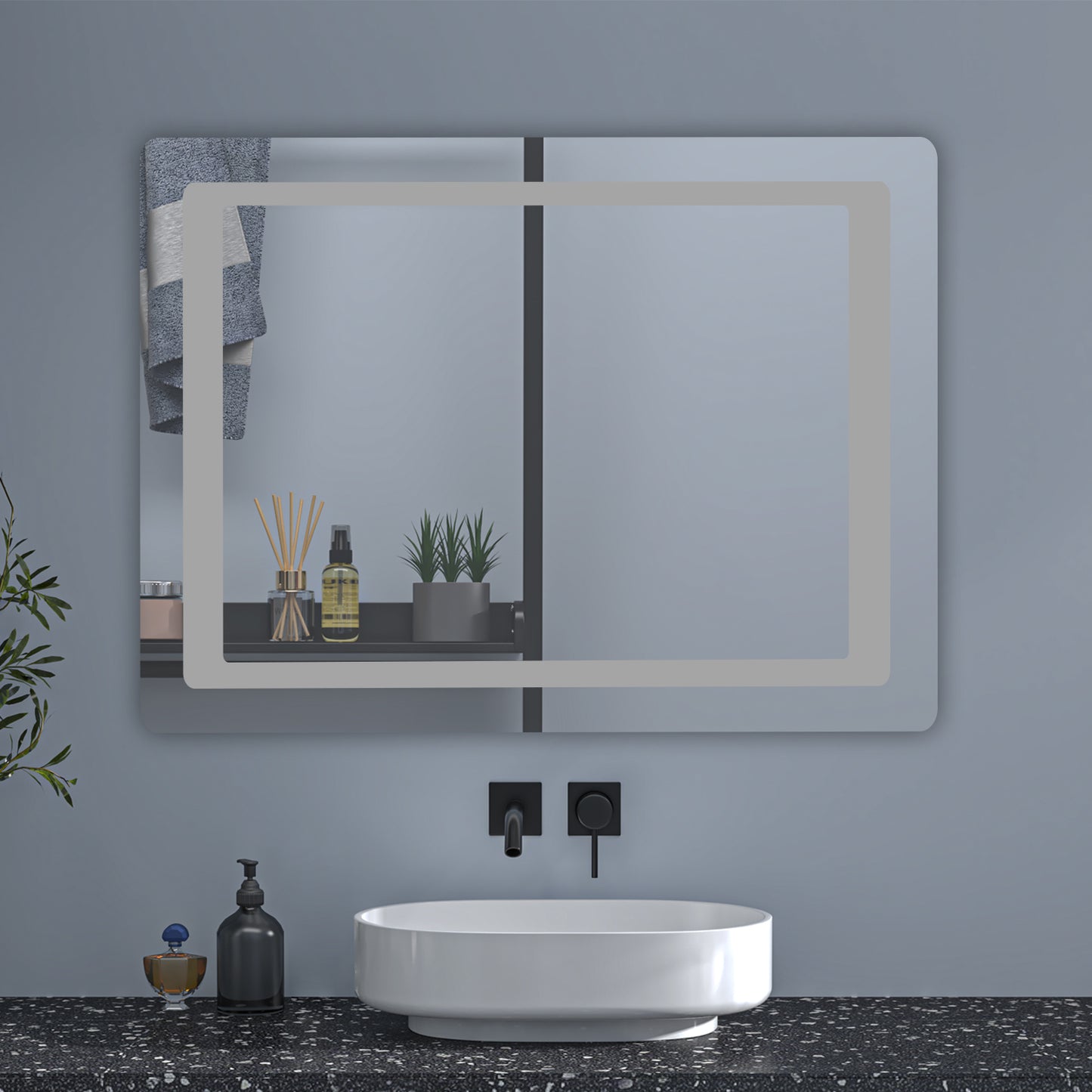 Duchacasa Espejo de Pared en Baño con Iluminación Blanca Fría, Brillo LED Envolvente. Espejo de Baño Antivaho + Dos botones Táctiles