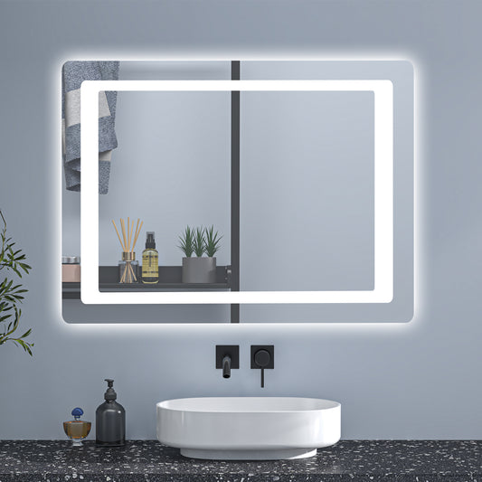 Duchacasa Espejo de Pared en Baño con Iluminación Blanca Fría, Brillo LED Envolvente. Espejo de Baño Antivaho + Dos botones Táctiles