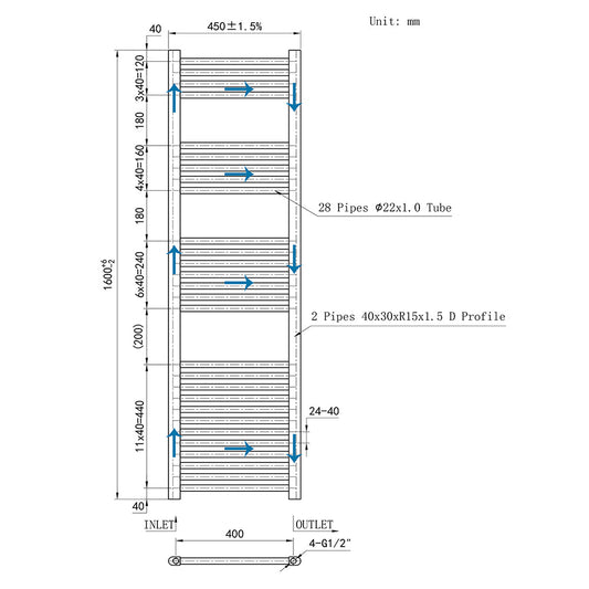 Duchacasa Cuarto de baño Calefacción central Toallero Escalera Radiador Calentador CR-160CM