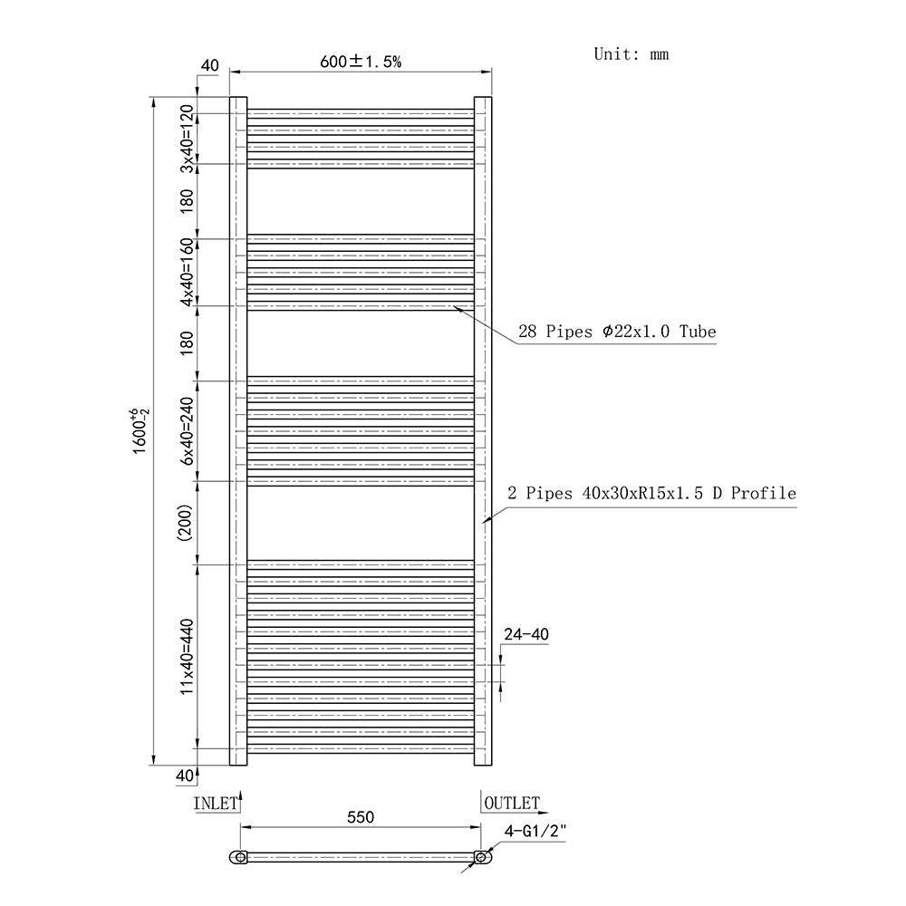 Duchacasa Cuarto de baño Calefacción central Toallero Escalera Radiador Calentador CR-160CM