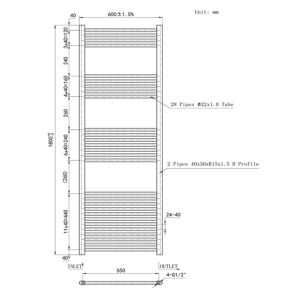Duchacasa Cuarto de baño Calefacción central Toallero Escalera Radiador Calentador RC-180CM