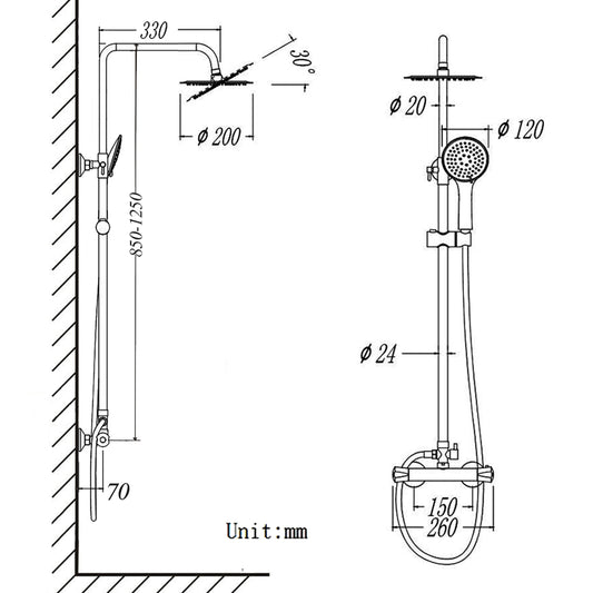 Columna de Ducha termostática, Cromado redondo, Plata brillante, Barra ajustable en altura, Cabezal de ducha y Teleducha de 3 tipos de chorro