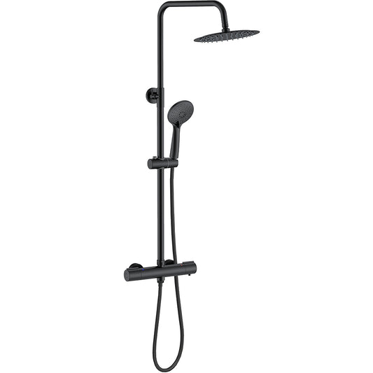 Columna de Ducha Termostática con Alcachofa Redonda Grande 10 pulgadas y Radiador de Mano de Chorro Negro Mate para Baño de 3 tipos