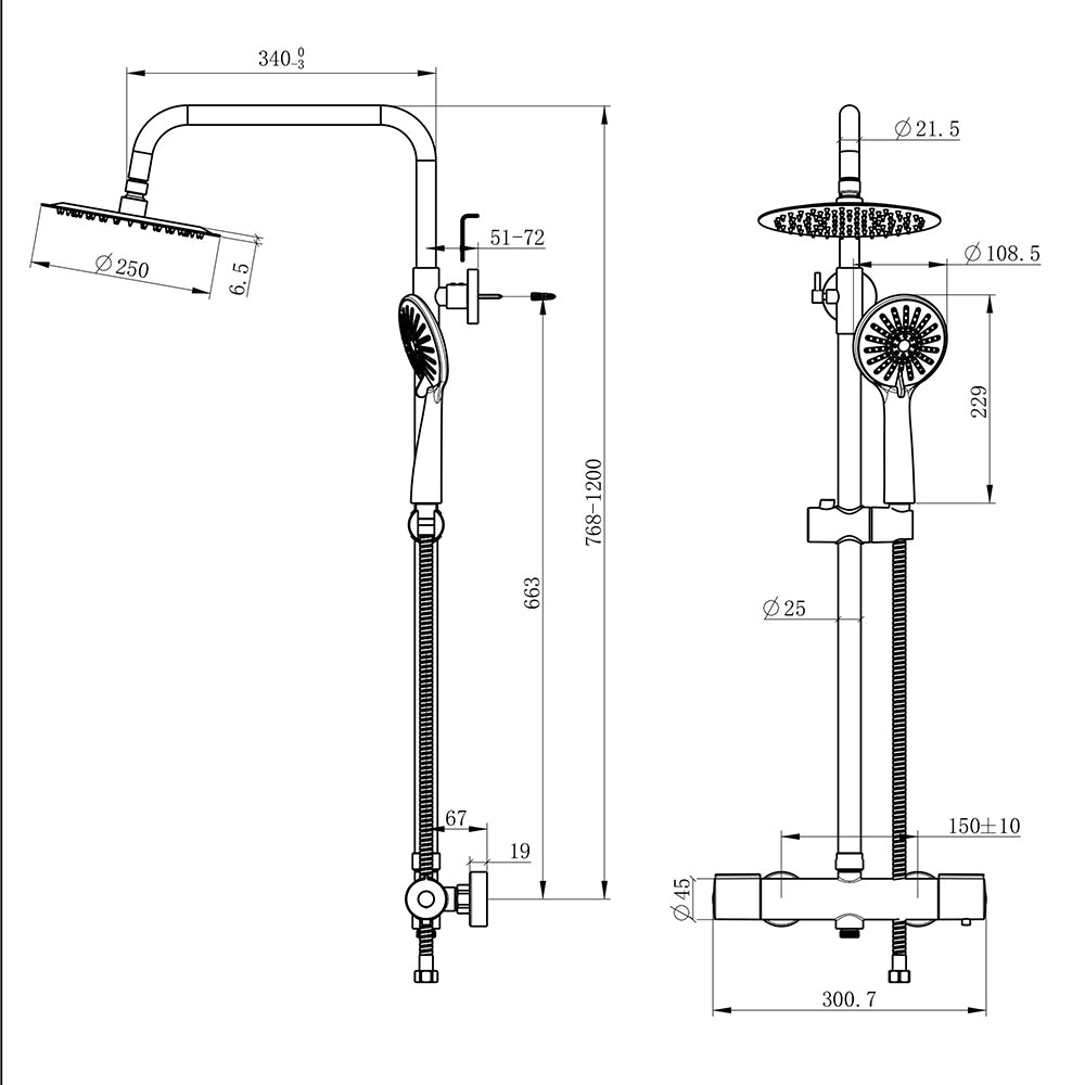 Columna de Ducha Termostática con Alcachofa Redonda Grande 10 pulgadas y Radiador de Mano de Chorro Negro Mate para Baño de 3 tipos