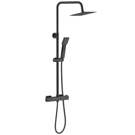 Cuadrado Ducha Lluvia Alcachofa de 3 Tipos de Chorro con Redonda Barra y Negro Mate para Baño Columna de Ducha con Termostato