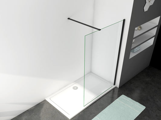 Mampara Ducha Frontal, Cristal Templado 8mm, Barra Fija 90cm y Perfil Negro