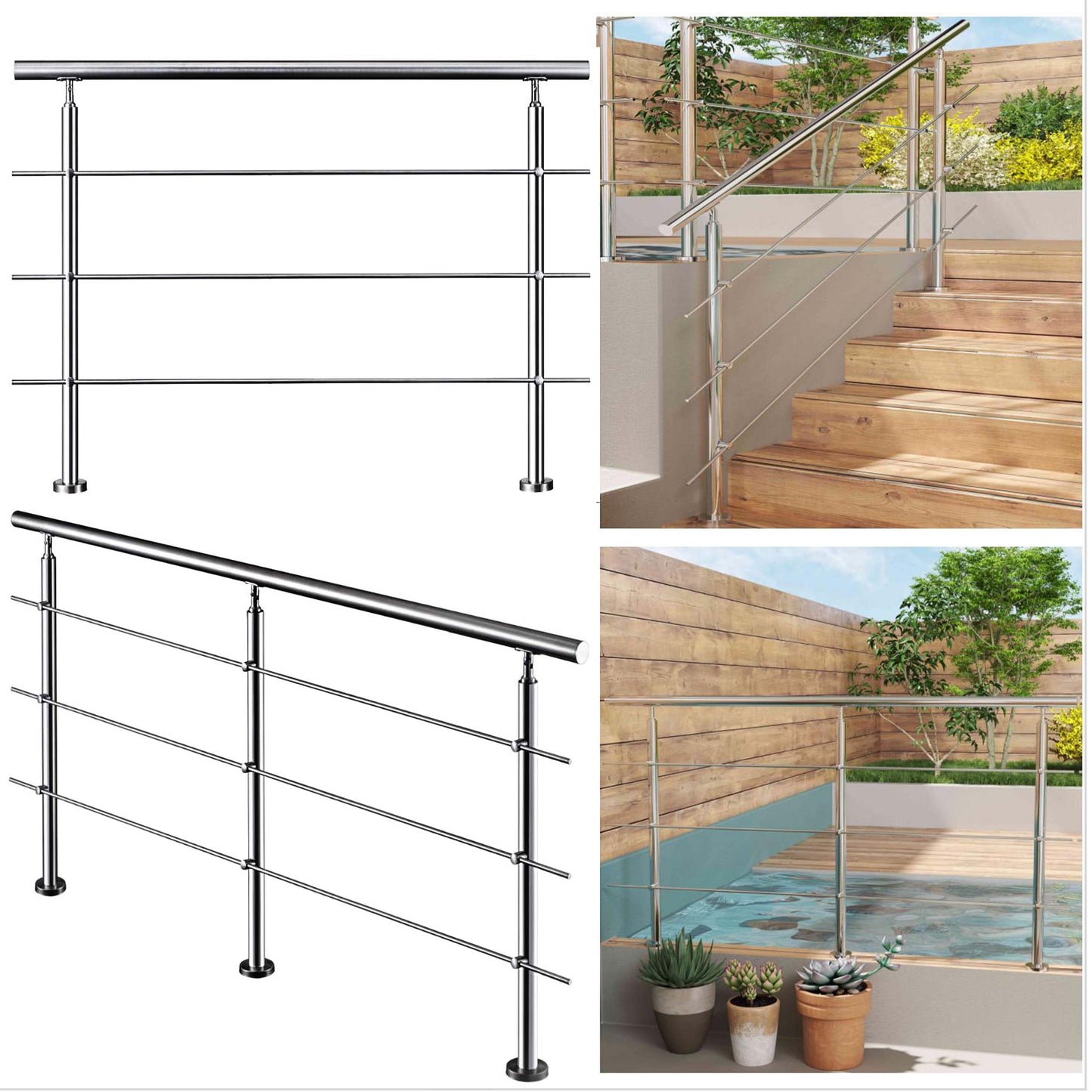 Barandilla escalera de acero inoxidable 304 con 3 barras transversales para interior y exterior