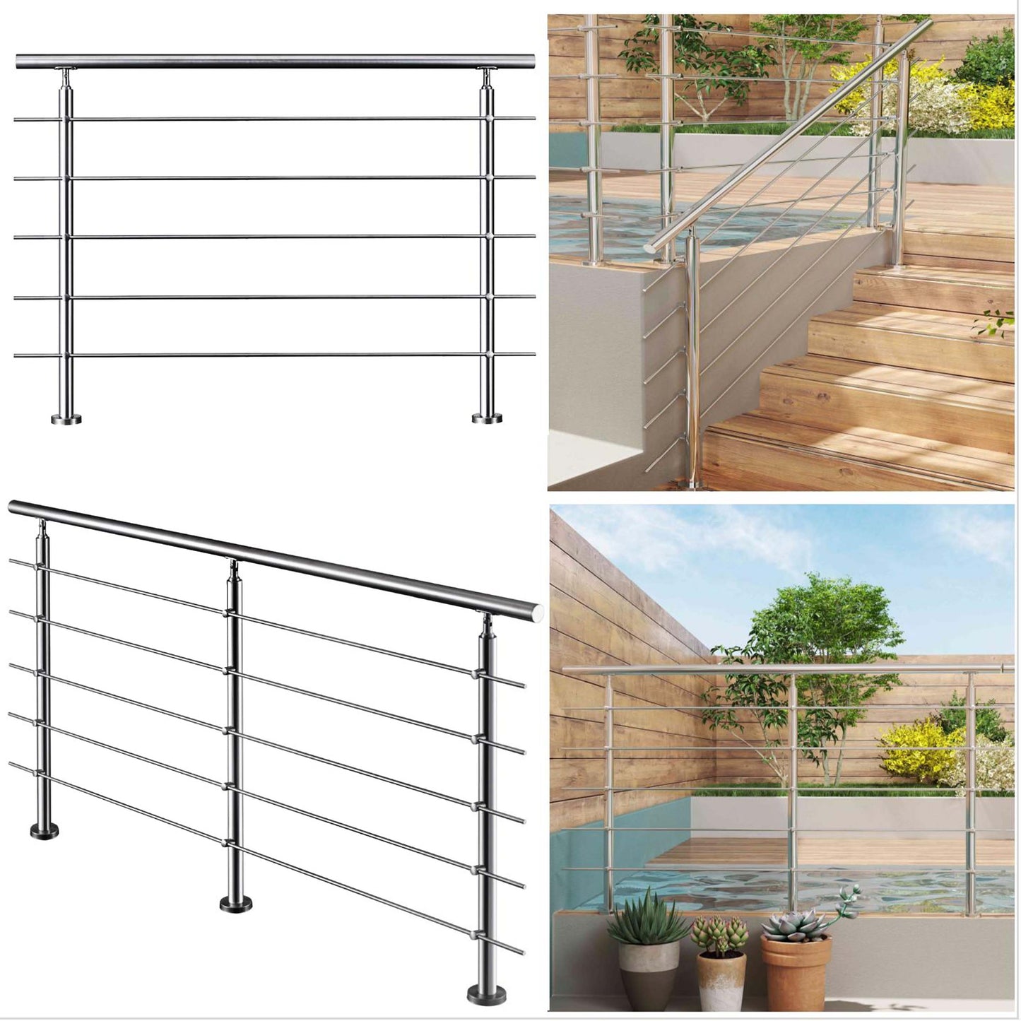Barandilla escalera de acero inoxidable 304 con 5 barras transversales para interior y exterior