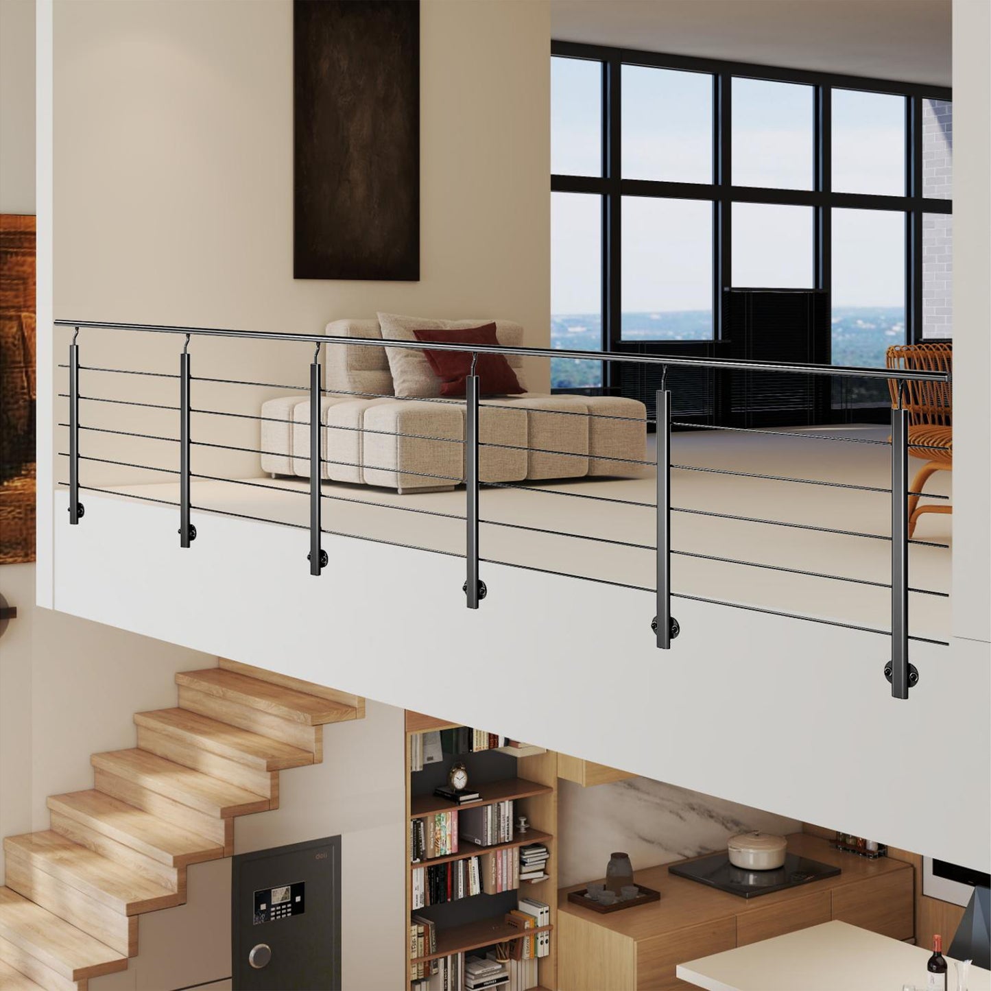 Barandillas de aluminio Negro mate - interior y exterior - fijaciones lateral 100/150/200/300/350/400/500x100cm