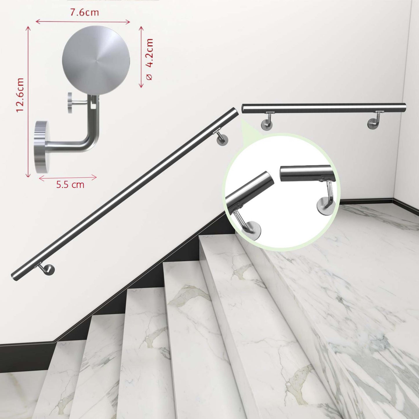 Pasamanos de escalera de acero inoxidable 304 para interior y exterior - 80/100/120/150/180/200 cm