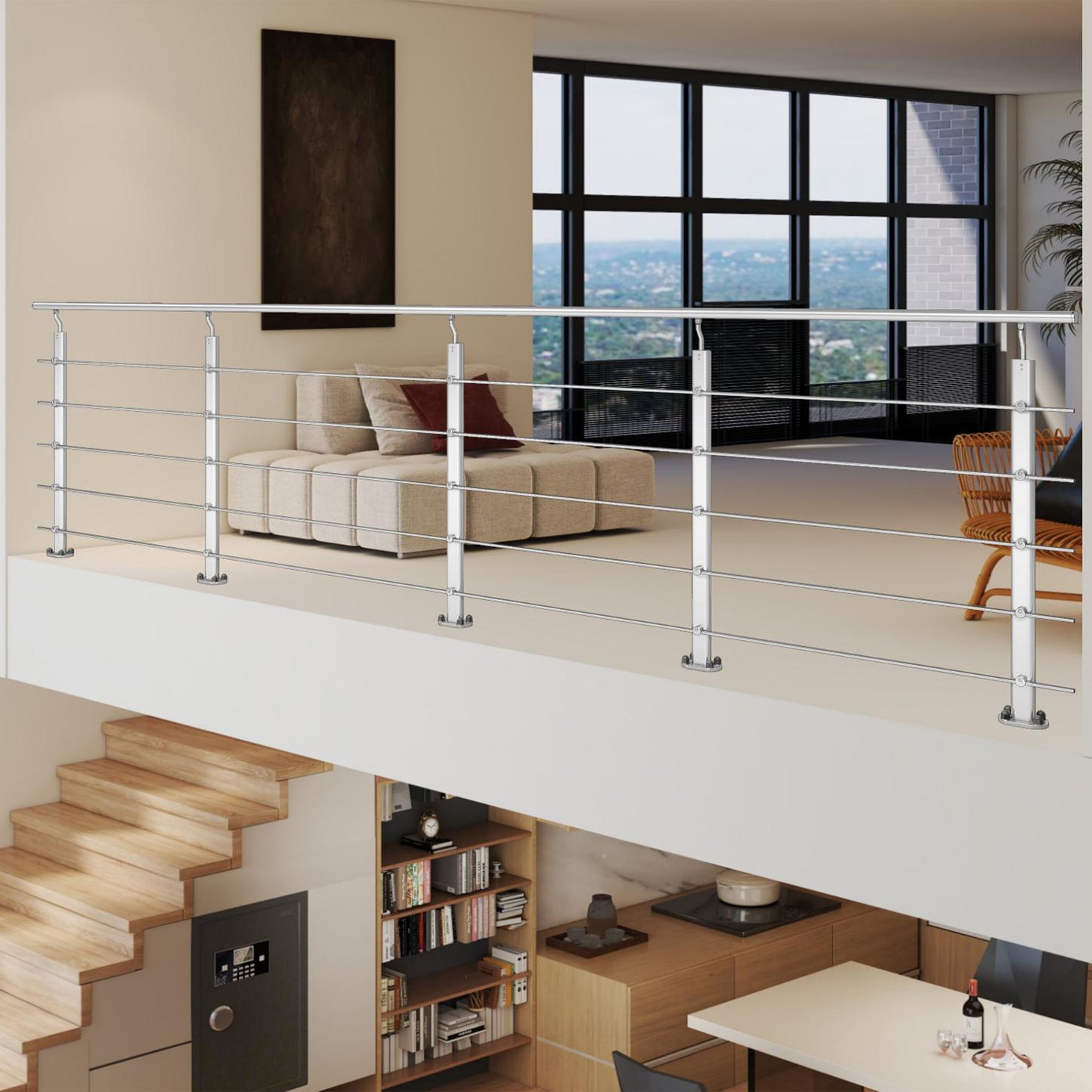 Barandillas de aluminio Plateado mate - interior y exterior - fijaciones al suelo 100/150/200/300/350/400/500x100cm