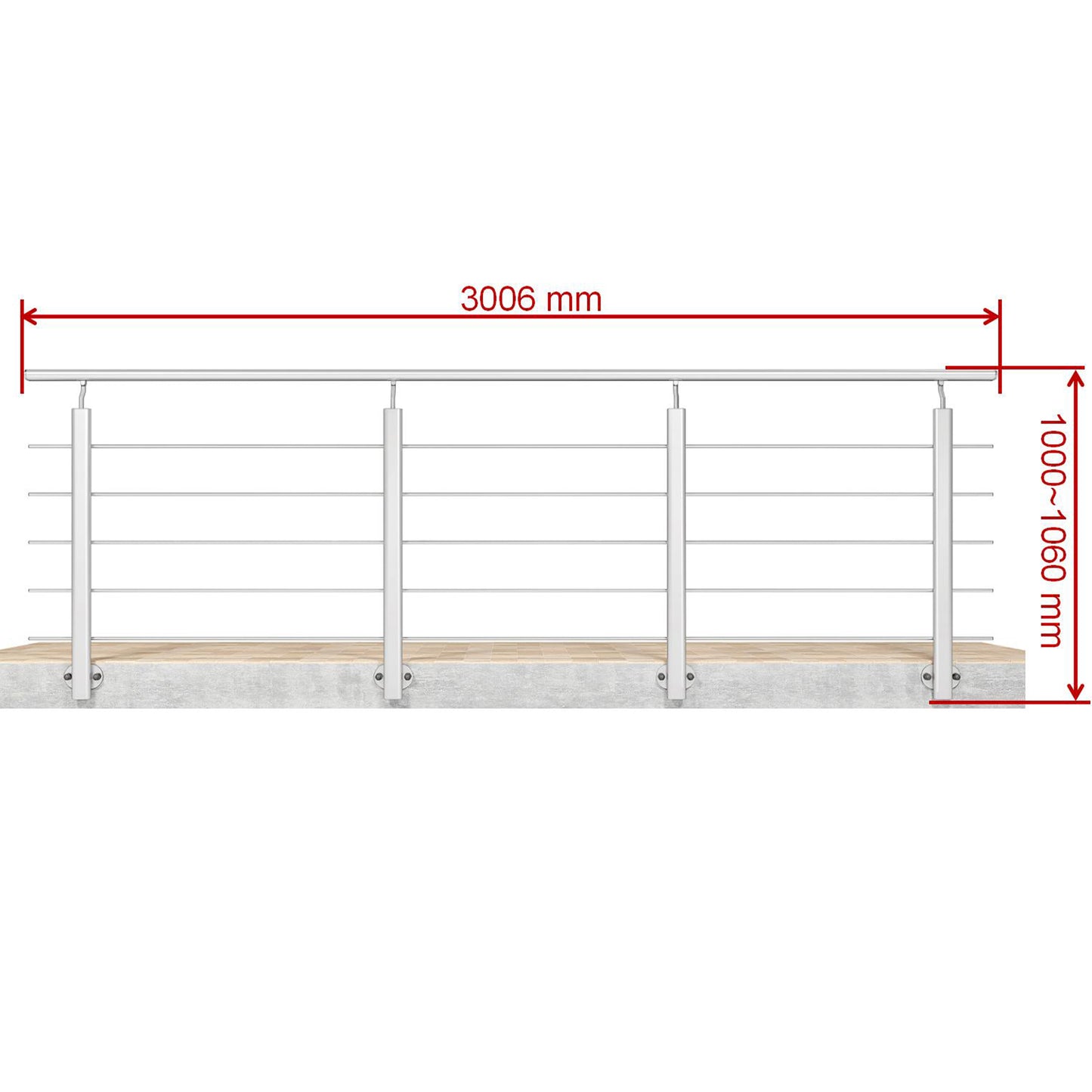 Barandillas de aluminio Plateado mate - interior y exterior - fijaciones lateral 100/150/200/300/350/400/500x100cm