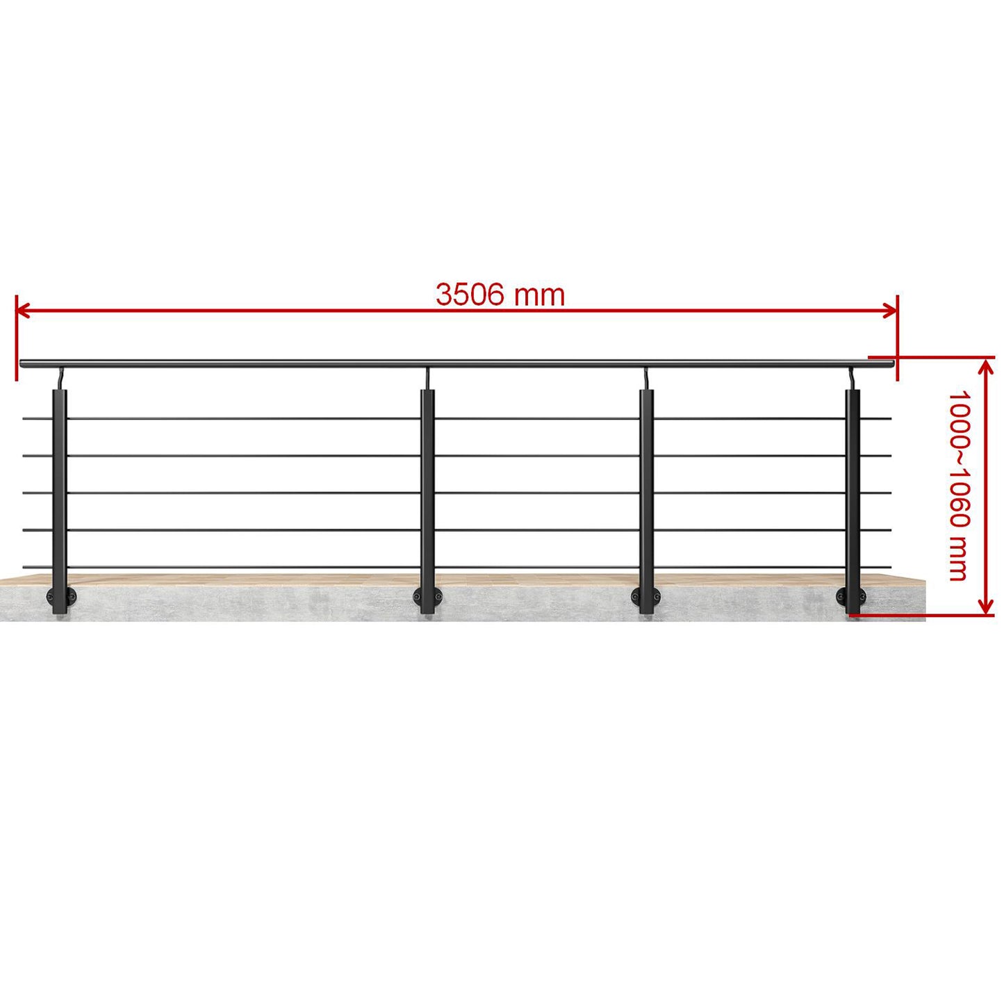 Barandillas de aluminio Negro mate - interior y exterior - fijaciones lateral 100/150/200/300/350/400/500x100cm