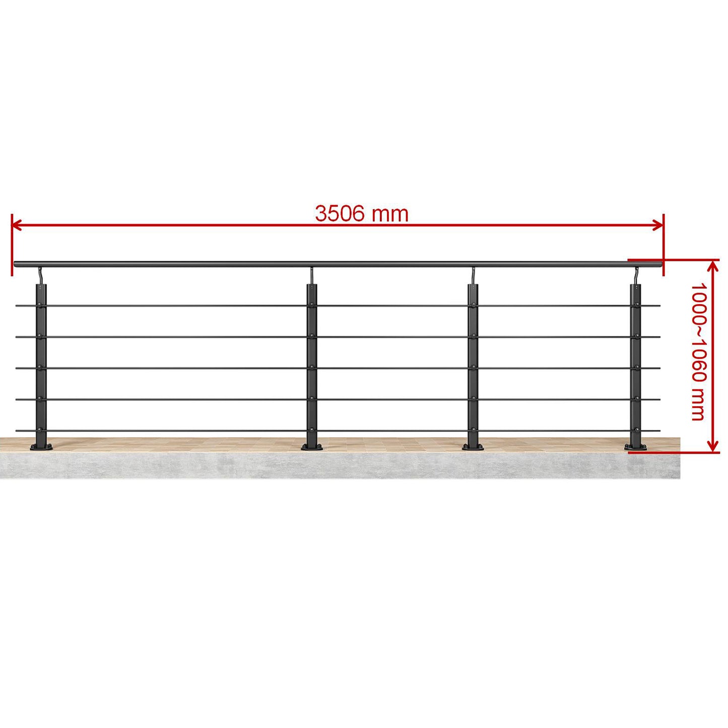 Barandillas de aluminio Negro mate - interior y exterior - fijaciones al suelo 100/150/200/300/350/400/500x100cm