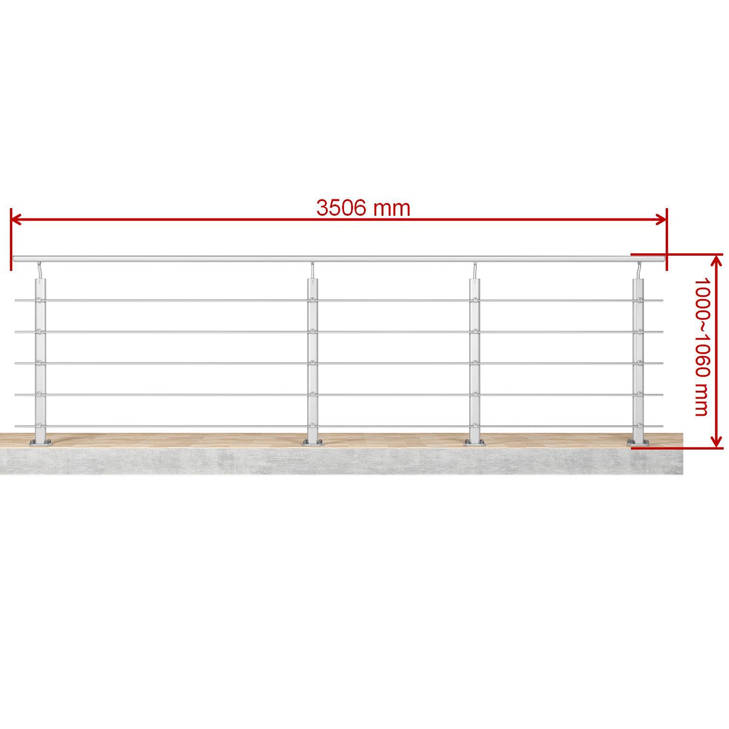 Barandillas de aluminio Plateado mate - interior y exterior - fijaciones al suelo 100/150/200/300/350/400/500x100cm