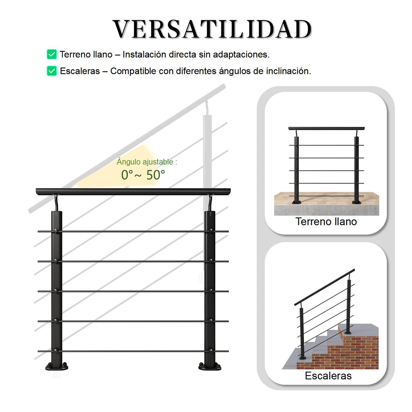 Barandillas de aluminio Negro mate - interior y exterior - fijaciones al suelo 100/150/200/300/350/400/500x100cm