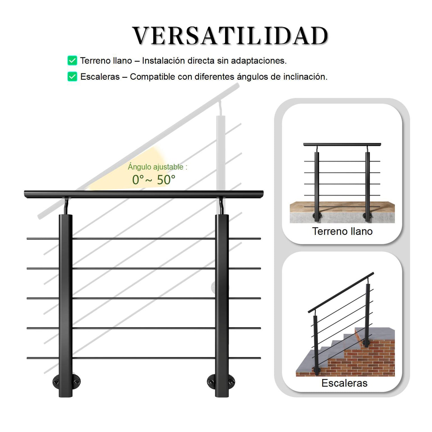 Barandillas de aluminio Negro mate - interior y exterior - fijaciones lateral 100/150/200/300/350/400/500x100cm
