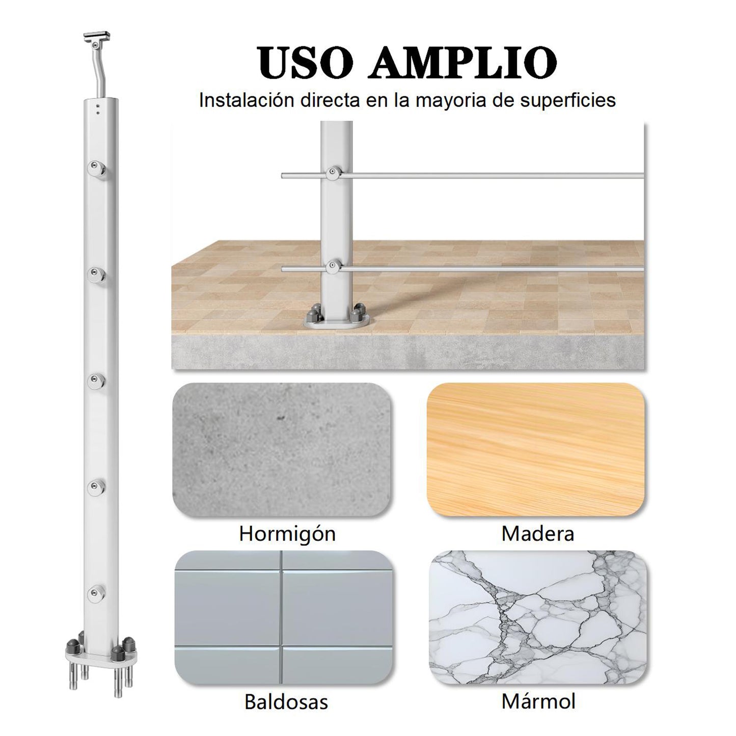 Barandillas de aluminio Plateado mate - interior y exterior - fijaciones al suelo 100/150/200/300/350/400/500x100cm