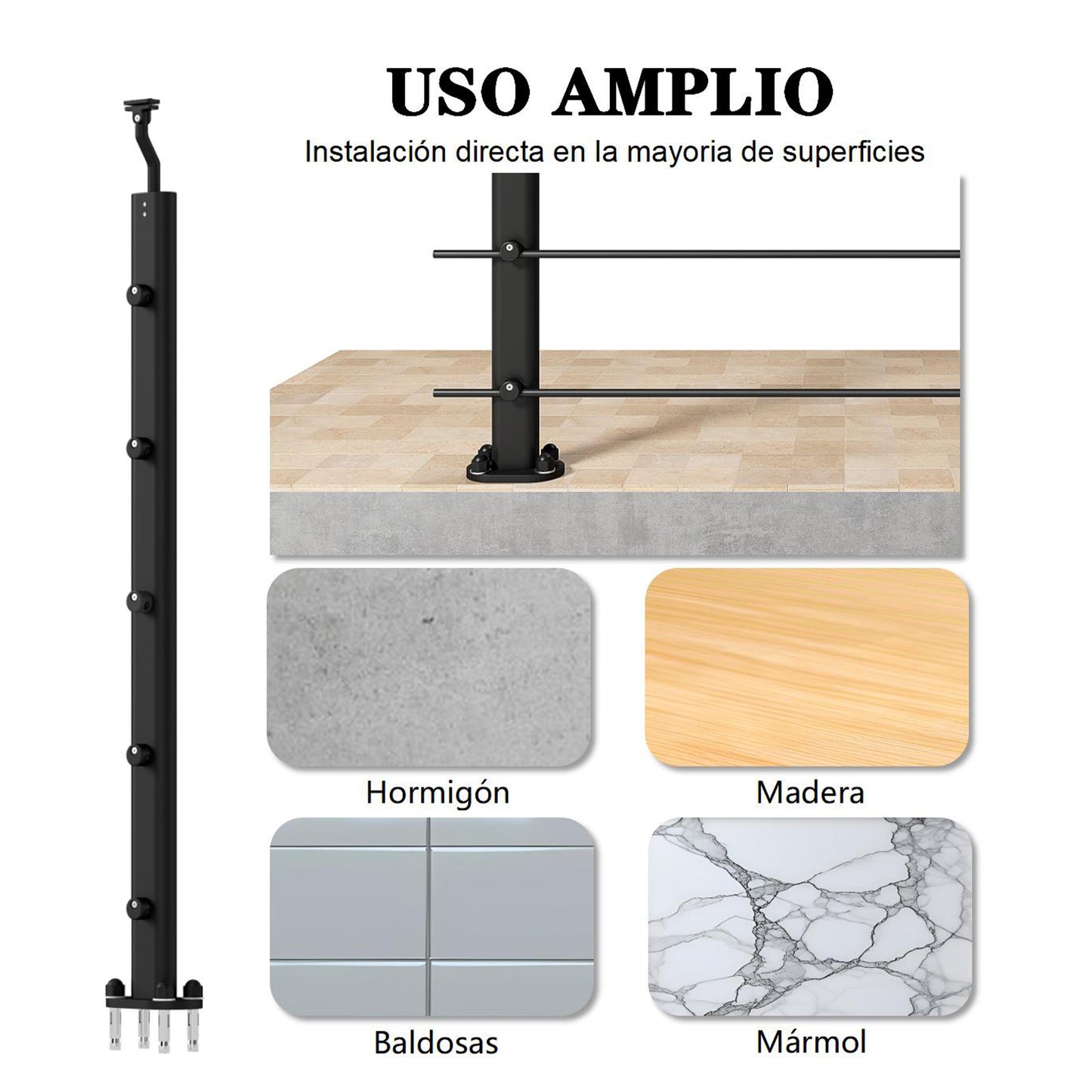 Barandillas de aluminio Negro mate - interior y exterior - fijaciones al suelo 100/150/200/300/350/400/500x100cm