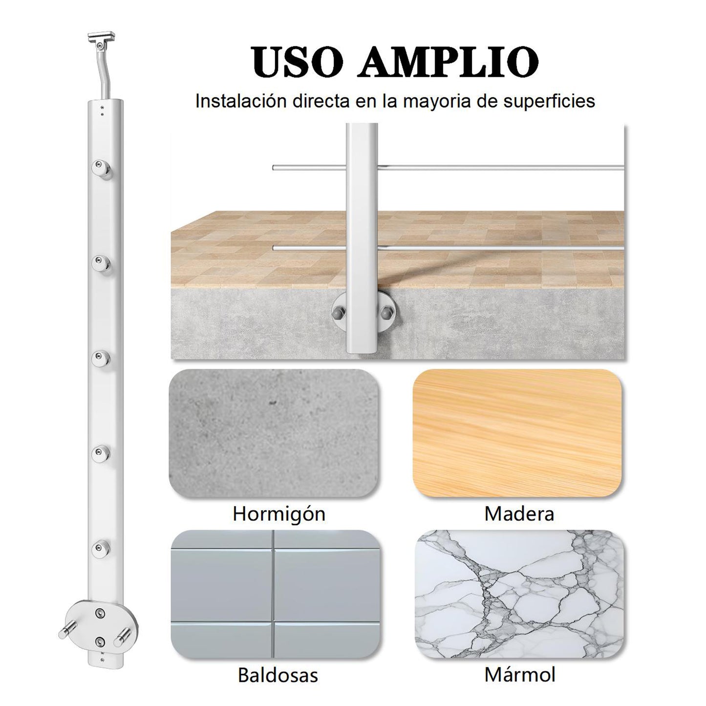 Barandillas de aluminio Plateado mate - interior y exterior - fijaciones lateral 100/150/200/300/350/400/500x100cm