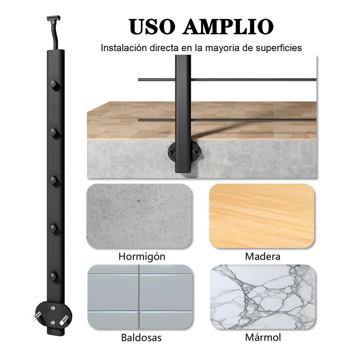 Barandillas de aluminio Negro mate - interior y exterior - fijaciones lateral 100/150/200/300/350/400/500x100cm