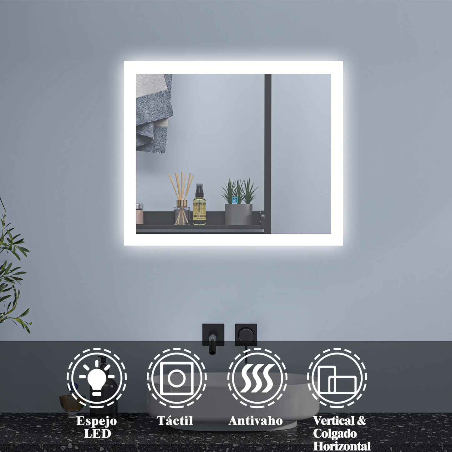 Espejo Regulable de Hogar/de Baño con Función Antiniebla + Interruptor Táctil+ Brillo LED Envolvente Blanco Frío