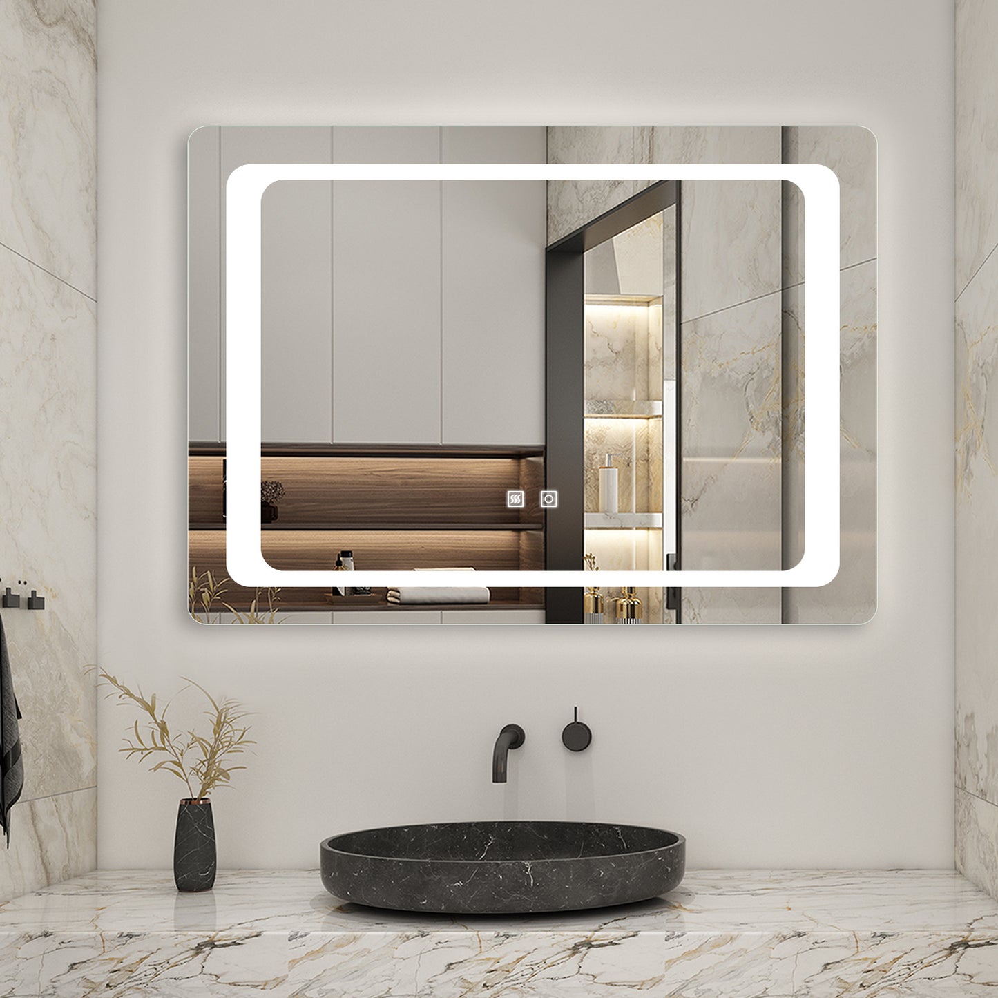 Duchacasa Espejo de Pared en Baño con Iluminación Blanca Fría, Brillo LED Envolvente. Espejo de Baño Antivaho + Dos botones Táctiles