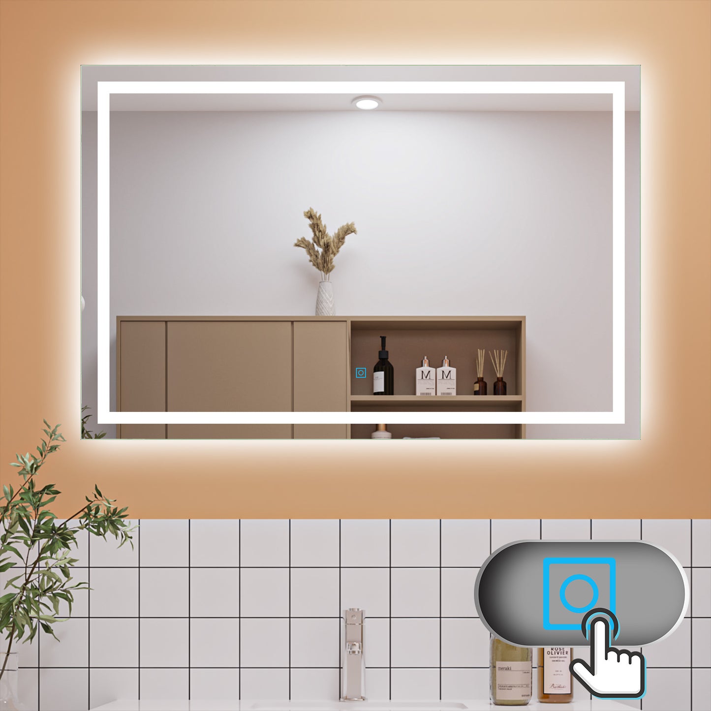 Duchacasa Espejo Decorativo de Baño sin Mojar por Gotitas de Agua(Antivaho) con Interruptor Táctil y Brillo LED Envolvente Luz Fría