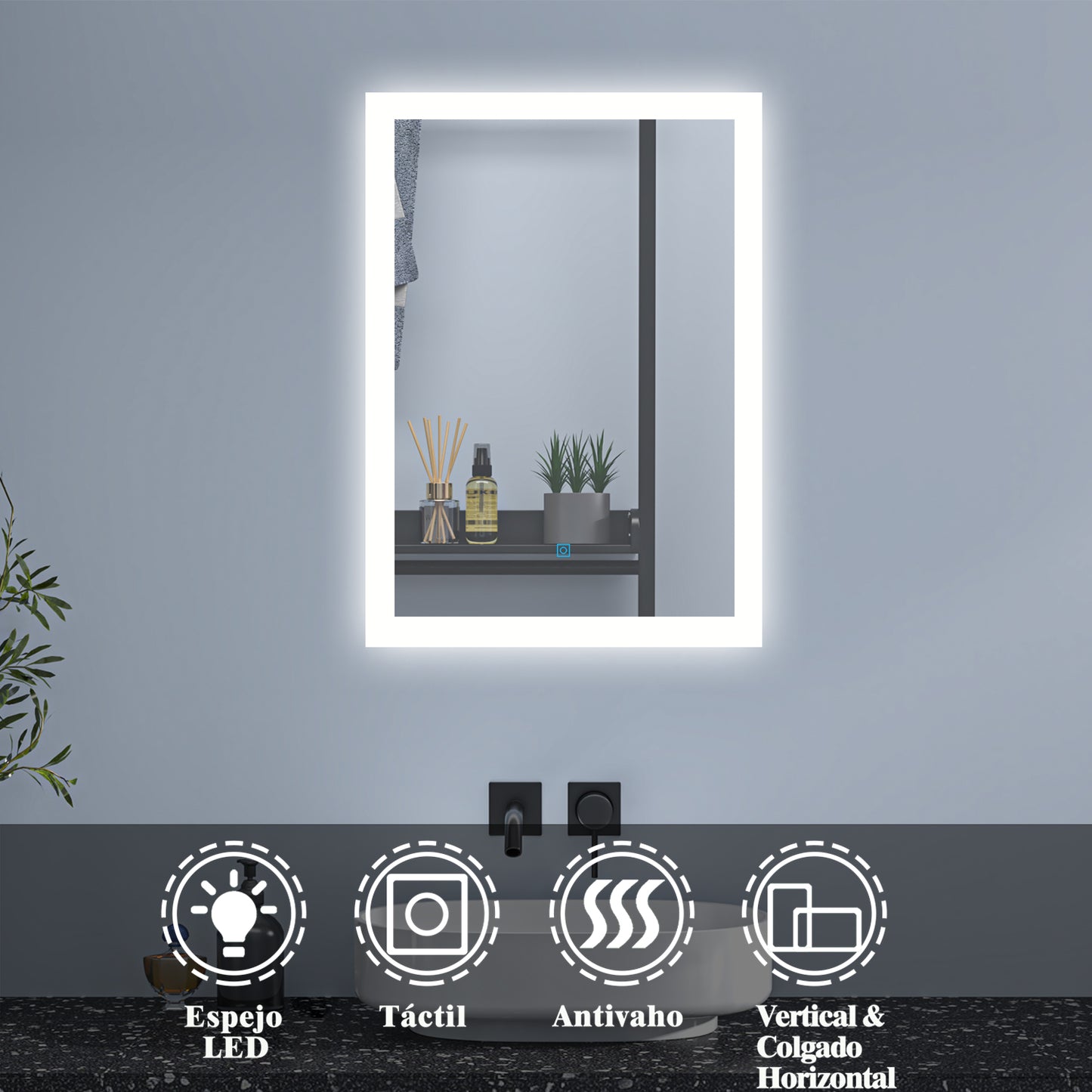 Espejo Regulable de Hogar/de Baño con Función Antiniebla + Interruptor Táctil+ Brillo LED Envolvente Blanco Frío