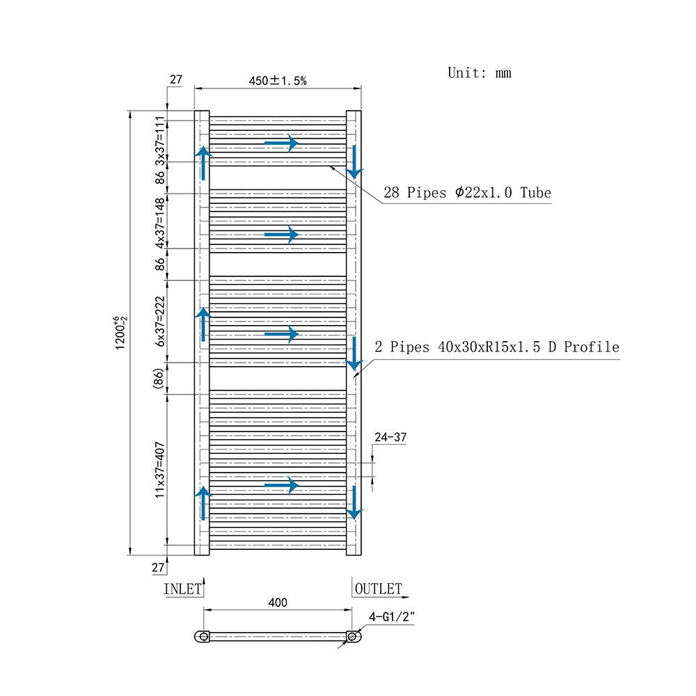Duchacasa 120CM Cuarto de baño Calefacción central Toallero Escalera Radiador Calentador CR