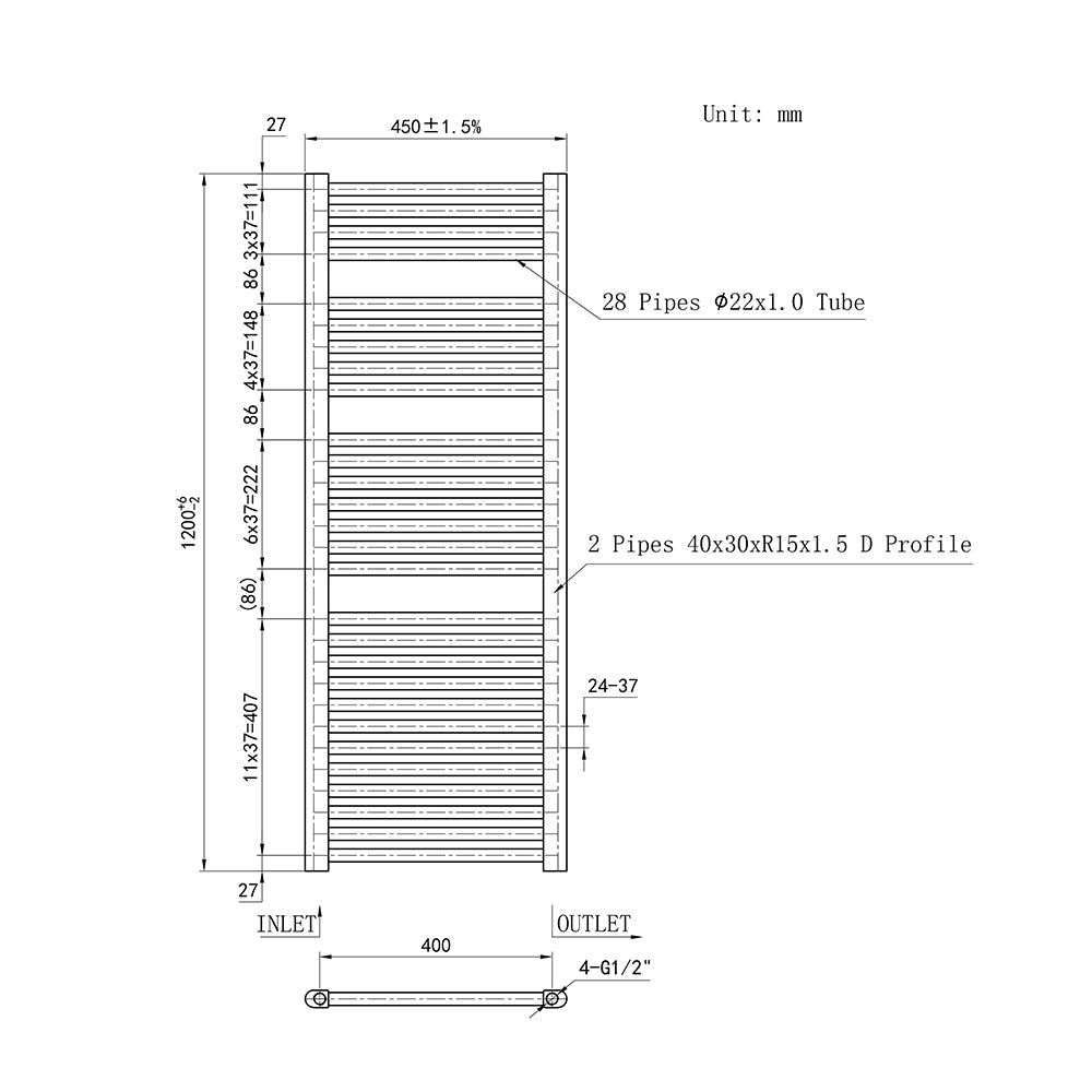 Duchacasa 120CM Cuarto de baño Calefacción central Toallero Escalera Radiador Calentador CR