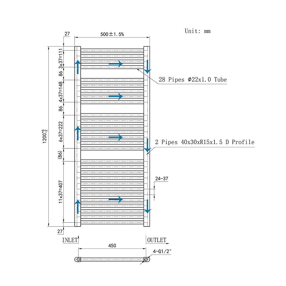 Duchacasa 120CM Cuarto de baño Calefacción central Toallero Escalera Radiador Calentador CR