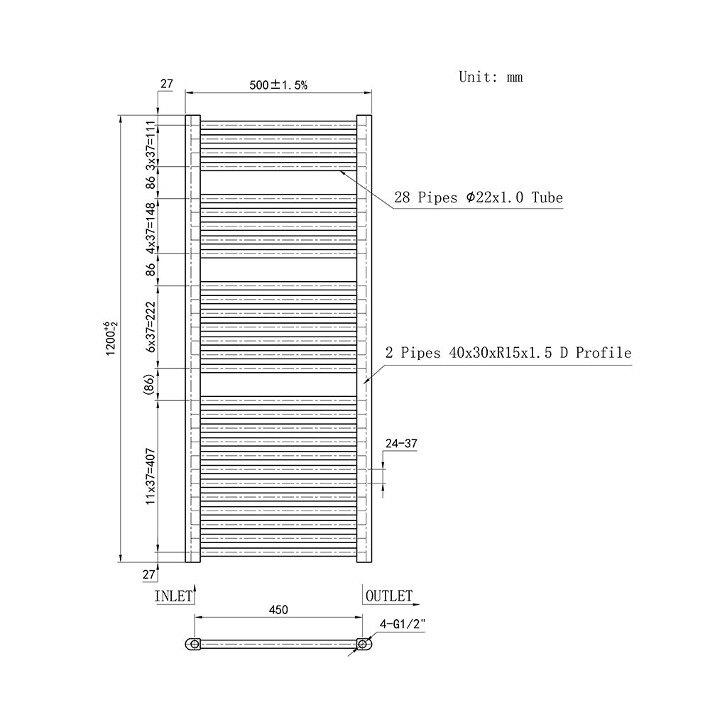 Duchacasa 120CM Cuarto de baño Calefacción central Toallero Escalera Radiador Calentador CR