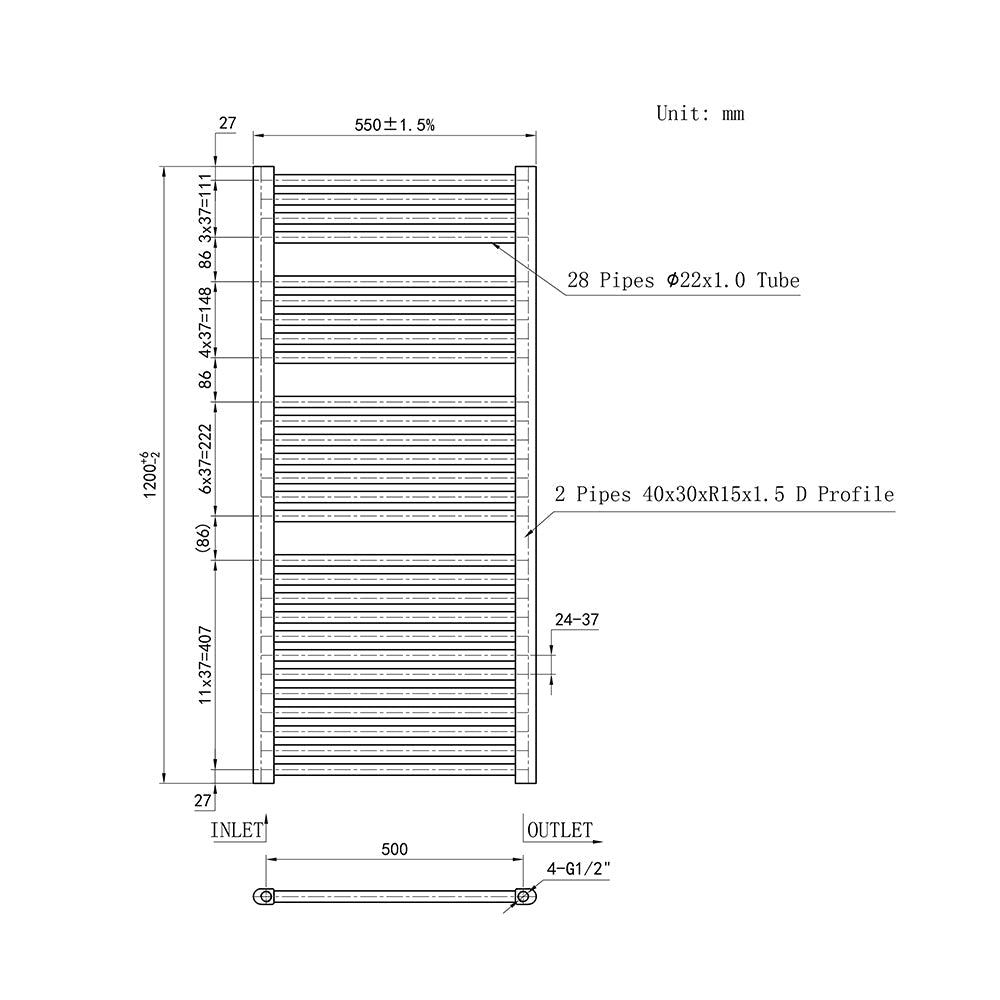 Duchacasa 120CM Cuarto de baño Calefacción central Toallero Escalera Radiador Calentador CR