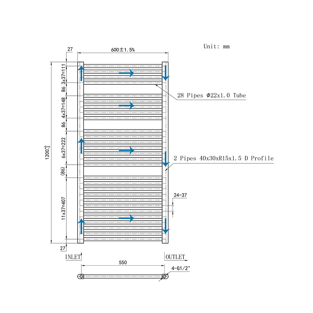 Duchacasa 120CM Cuarto de baño Calefacción central Toallero Escalera Radiador Calentador CR