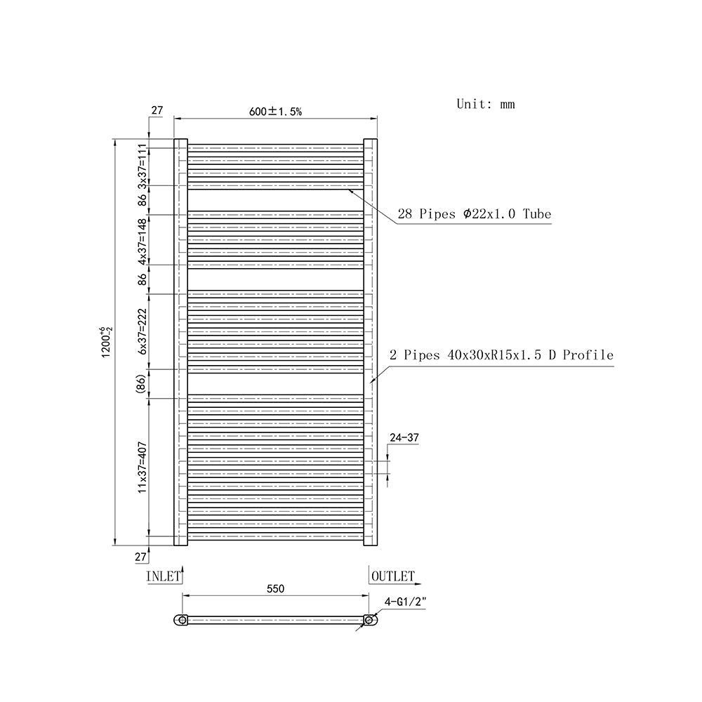 Duchacasa 120CM Cuarto de baño Calefacción central Toallero Escalera Radiador Calentador CR