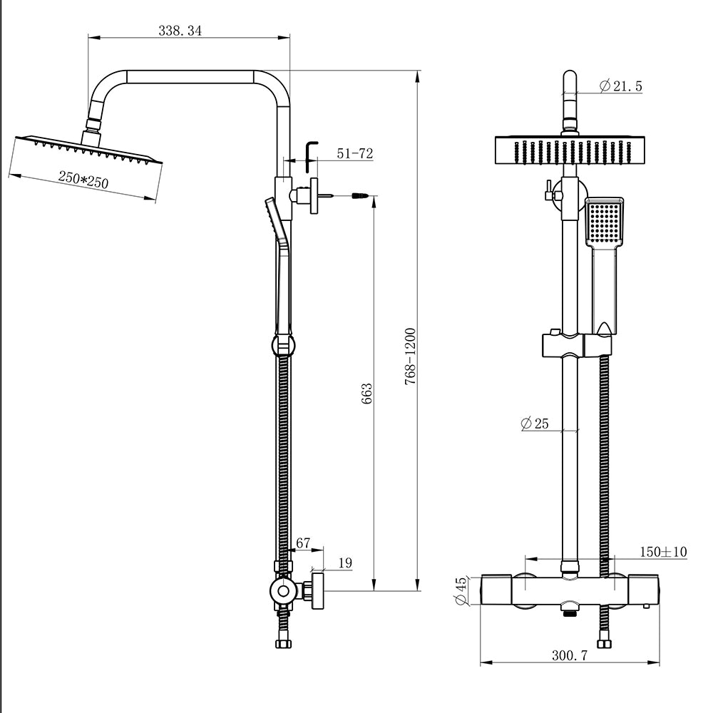 Duchacasa Columna de Ducha Termostática con Alcachofa Cuadrada Grande 10 pulgadas Barra Negro Mate para Baño