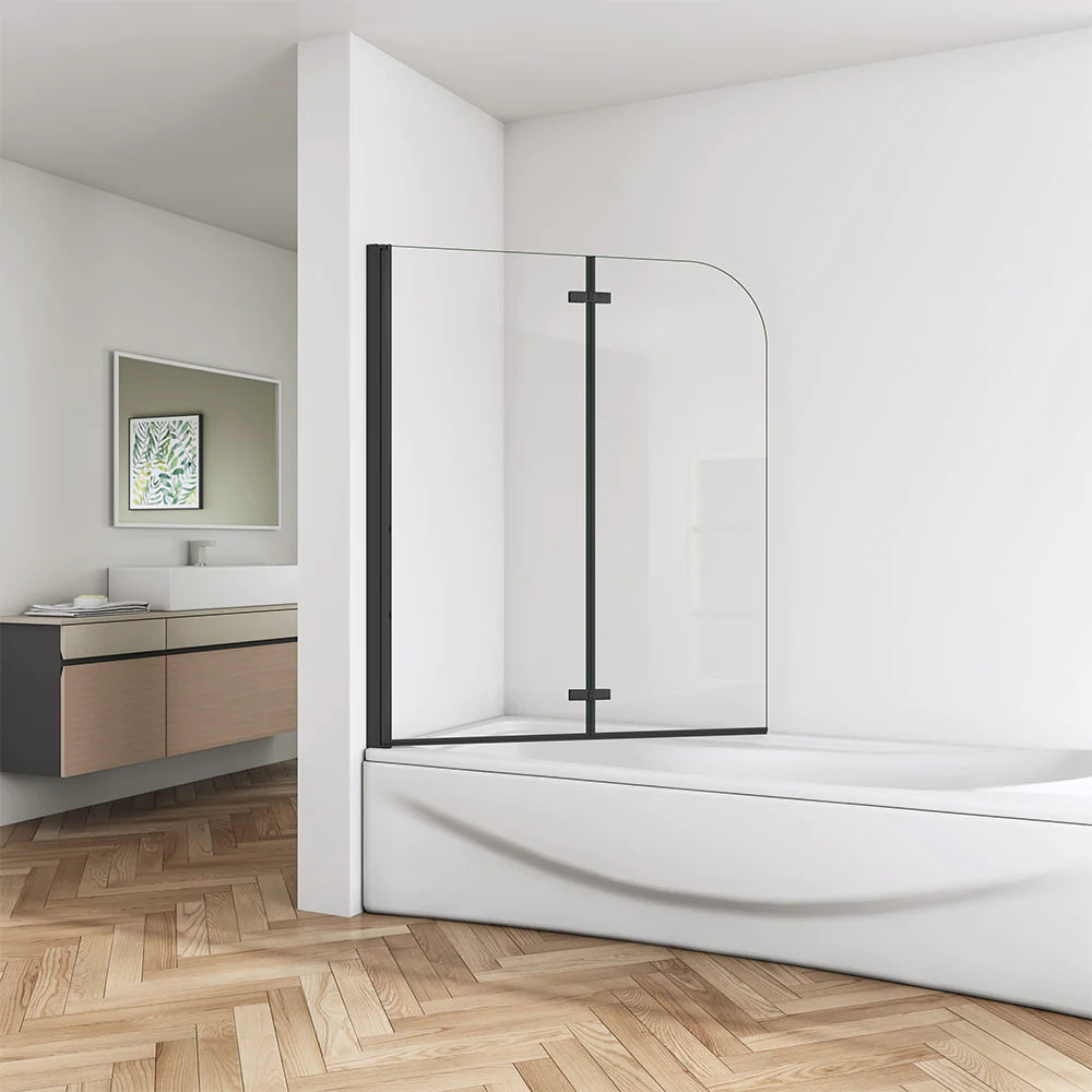 Mampara de Bañera Plegable 2 Hojas Cristal Templado con Tratamiento Antical 6mm Perfil Negro Mate