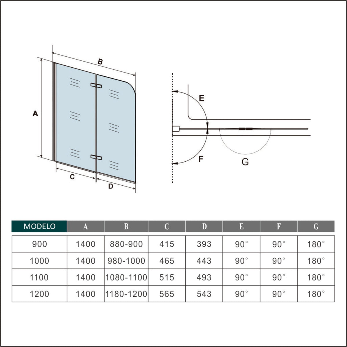 Mampara de Bañera Plegable 2 Hojas Cristal Templado con Tratamiento Antical 6mm Perfil Negro Mate