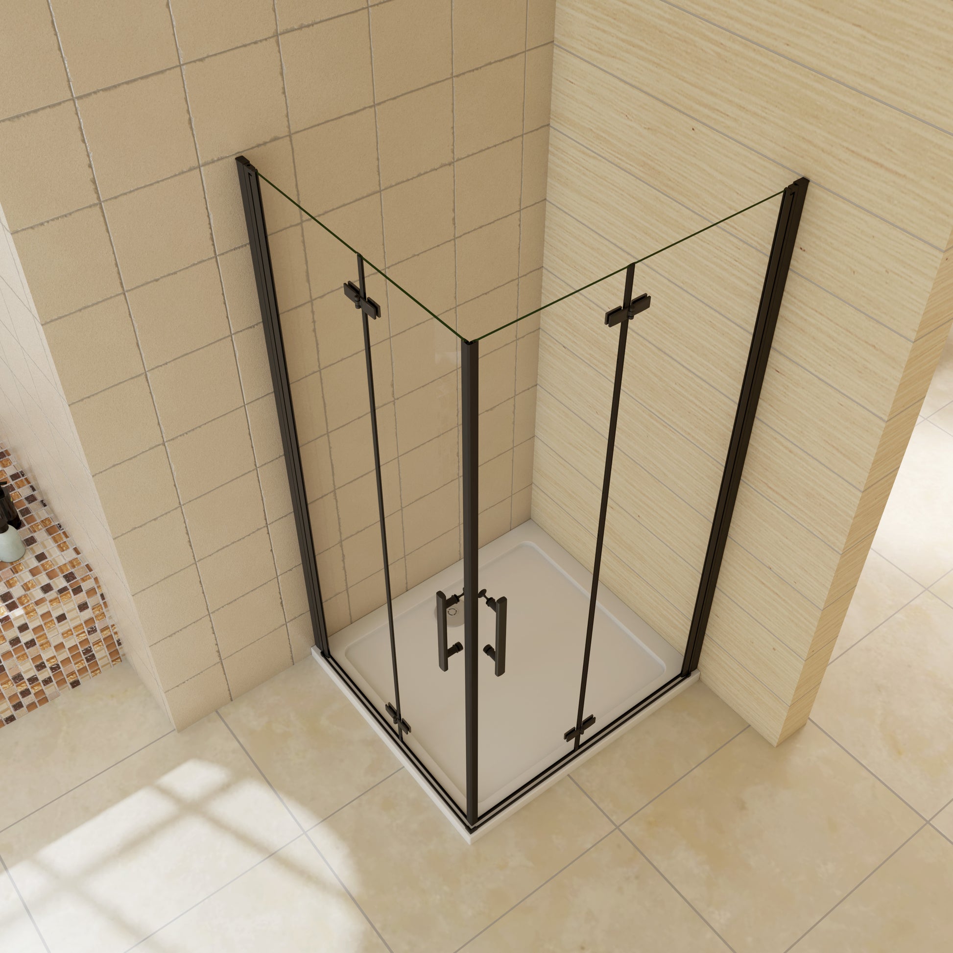 Mampara de ducha cuadrada ,frontal 2 hojas plegables + panel fijo lateral  Cristal Templado 5mm, 760X900X1850mm